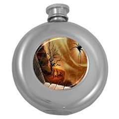 Digital Art Nature Spider Witch Spiderwebs Bricks Window Trees Fire Boiler Cliff Rock Round Hip Flask (5 Oz) by Simbadda