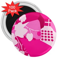 Flower Floral Leaf Circle Pink White 3  Magnets (100 pack)