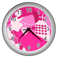 Flower Floral Leaf Circle Pink White Wall Clocks (Silver) 