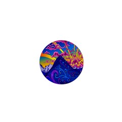 Psychedelic Colorful Lines Nature Mountain Trees Snowy Peak Moon Sun Rays Hill Road Artwork Stars 1  Mini Buttons by Simbadda