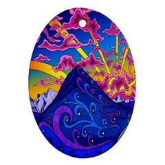 Psychedelic Colorful Lines Nature Mountain Trees Snowy Peak Moon Sun Rays Hill Road Artwork Stars Ornament (oval) by Simbadda