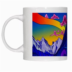 Psychedelic Colorful Lines Nature Mountain Trees Snowy Peak Moon Sun Rays Hill Road Artwork Stars White Mugs by Simbadda