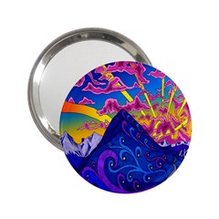 Psychedelic Colorful Lines Nature Mountain Trees Snowy Peak Moon Sun Rays Hill Road Artwork Stars 2 25  Handbag Mirrors by Simbadda