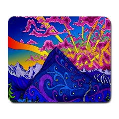 Psychedelic Colorful Lines Nature Mountain Trees Snowy Peak Moon Sun Rays Hill Road Artwork Stars Large Mousepads by Simbadda