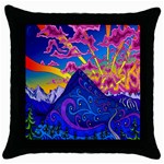 Psychedelic Colorful Lines Nature Mountain Trees Snowy Peak Moon Sun Rays Hill Road Artwork Stars Throw Pillow Case (Black) Front