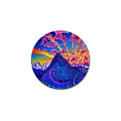 Psychedelic Colorful Lines Nature Mountain Trees Snowy Peak Moon Sun Rays Hill Road Artwork Stars Golf Ball Marker (4 Pack) by Simbadda