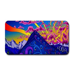 Psychedelic Colorful Lines Nature Mountain Trees Snowy Peak Moon Sun Rays Hill Road Artwork Stars Medium Bar Mats by Simbadda