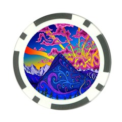 Psychedelic Colorful Lines Nature Mountain Trees Snowy Peak Moon Sun Rays Hill Road Artwork Stars Poker Chip Card Guard by Simbadda
