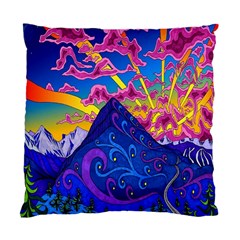 Psychedelic Colorful Lines Nature Mountain Trees Snowy Peak Moon Sun Rays Hill Road Artwork Stars Standard Cushion Case (two Sides) by Simbadda