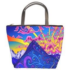 Psychedelic Colorful Lines Nature Mountain Trees Snowy Peak Moon Sun Rays Hill Road Artwork Stars Bucket Bags by Simbadda