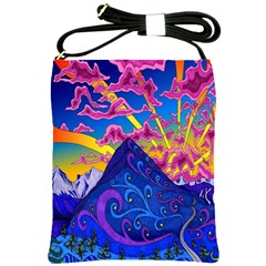 Psychedelic Colorful Lines Nature Mountain Trees Snowy Peak Moon Sun Rays Hill Road Artwork Stars Shoulder Sling Bags by Simbadda