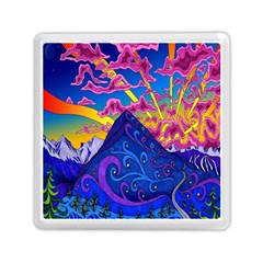 Psychedelic Colorful Lines Nature Mountain Trees Snowy Peak Moon Sun Rays Hill Road Artwork Stars Memory Card Reader (square)  by Simbadda