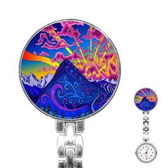 Psychedelic Colorful Lines Nature Mountain Trees Snowy Peak Moon Sun Rays Hill Road Artwork Stars Stainless Steel Nurses Watch by Simbadda