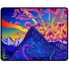 Psychedelic Colorful Lines Nature Mountain Trees Snowy Peak Moon Sun Rays Hill Road Artwork Stars Double Sided Fleece Blanket (medium) 