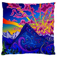 Psychedelic Colorful Lines Nature Mountain Trees Snowy Peak Moon Sun Rays Hill Road Artwork Stars Large Flano Cushion Case (two Sides) by Simbadda