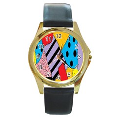 Sally s Patchwork Pattern Round Gold Metal Watch