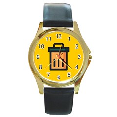 Trash Bin Icon Yellow Round Gold Metal Watch