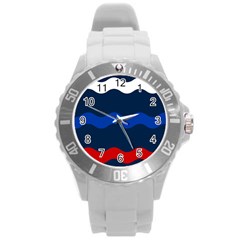 Wave Line Waves Blue White Red Flag Round Plastic Sport Watch (l)