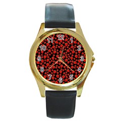 Strawberry  Pattern Round Gold Metal Watch by Valentinaart