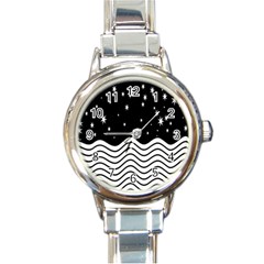 Black And White Waves And Stars Abstract Backdrop Clipart Round Italian Charm Watch by Simbadda