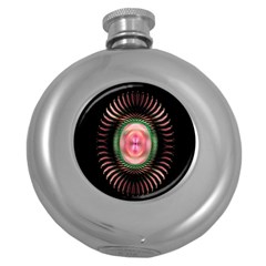 Fractal Plate Like Image In Pink Green And Other Colours Round Hip Flask (5 Oz)