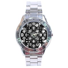 Geometric Line Art Background In Black And White Stainless Steel Analogue Watch