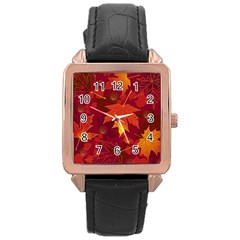 Autumn Leaves Fall Maple Rose Gold Leather Watch 