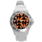 Brown Triangles Background Round Plastic Sport Watch (L) Front