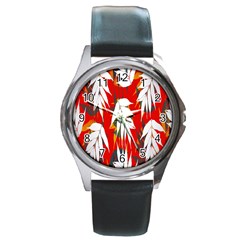 Leaves Pattern Background Pattern Round Metal Watch