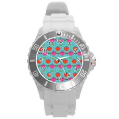 Tulips Floral Background Pattern Round Plastic Sport Watch (l) by Simbadda