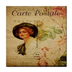 Lady On Vintage Postcard Vintage Floral French Postcard With Face Of Glamorous Woman Illustration Tile Coasters by Simbadda