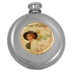 Lady On Vintage Postcard Vintage Floral French Postcard With Face Of Glamorous Woman Illustration Round Hip Flask (5 Oz) by Simbadda