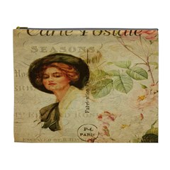 Lady On Vintage Postcard Vintage Floral French Postcard With Face Of Glamorous Woman Illustration Cosmetic Bag (xl) by Simbadda