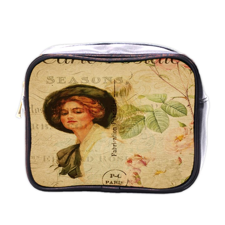 Lady On Vintage Postcard Vintage Floral French Postcard With Face Of Glamorous Woman Illustration Mini Toiletries Bags