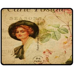 Lady On Vintage Postcard Vintage Floral French Postcard With Face Of Glamorous Woman Illustration Double Sided Fleece Blanket (medium)  by Simbadda