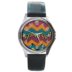 Painted Chevron Pattern Wave Rainbow Color Round Metal Watch