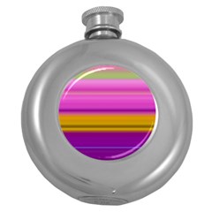 Stripes Colorful Background Colorful Pink Red Purple Green Yellow Striped Wallpaper Round Hip Flask (5 Oz) by Simbadda