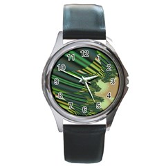 A Feathery Sort Of Green Image Shades Of Green And Cream Fractal Round Metal Watch