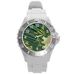 A Feathery Sort Of Green Image Shades Of Green And Cream Fractal Round Plastic Sport Watch (L) Front