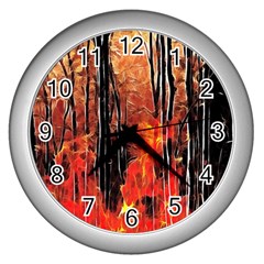 Forest Fire Fractal Background Wall Clocks (silver) 