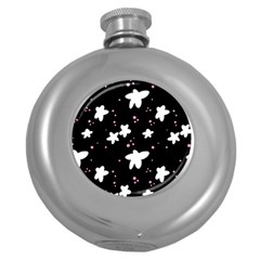 Square Pattern Black Big Flower Floral Pink White Star Round Hip Flask (5 Oz) by Alisyart