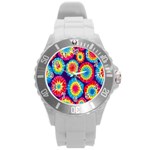 Tie Dye Circle Round Color Rainbow Red Purple Yellow Blue Pink Orange Round Plastic Sport Watch (L) Front