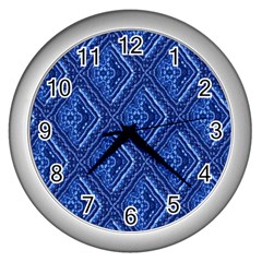 Blue Fractal Background Wall Clocks (silver) 