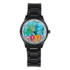 Mural Displaying Array Of Garden Vegetables Stainless Steel Round Watch by Simbadda