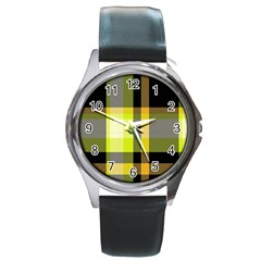 Tartan Pattern Background Fabric Design Round Metal Watch