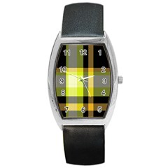 Tartan Pattern Background Fabric Design Barrel Style Metal Watch