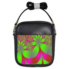 Green And Pink Fractal Girls Sling Bags by Simbadda