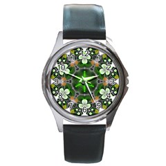 Green Flower In Kaleidoscope Round Metal Watch