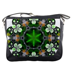 Green Flower In Kaleidoscope Messenger Bags by Simbadda