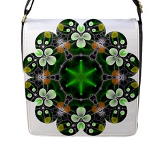 Green Flower In Kaleidoscope Flap Messenger Bag (l)  by Simbadda